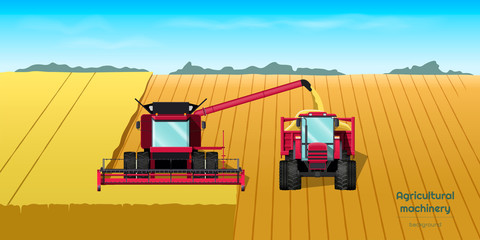 Agriculture machinery. Harvester combine and tractor on field. Industrial landscape. Farmer work panorama. Harvesting scene