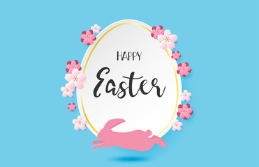 Naklejka premium Happy Easter day background with flower and pink rabbit in paper cut style. Digital craft paper art.
