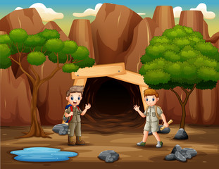 Scene with kids in front the mine illustration