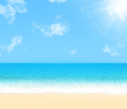 Summer beach landscape realistic 3D illustration. Wavy water washes the sand of the coast. Bright sunshine with rainbow effect.