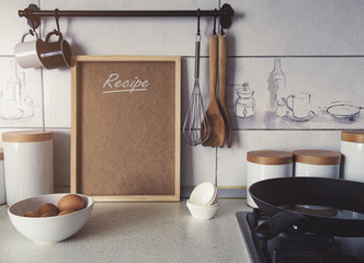 Home kitchen mockup frame copy space for text ,kitchen utensils recipe concept, wooden spoon, whisk, porcelain recipients