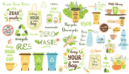 Zero waste elements set Recycle clip art Eco friendly stickers Reusable items products collection Vector