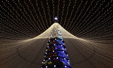 Christmas tree at night. Lanterns on a Christmas tree. Postcard.