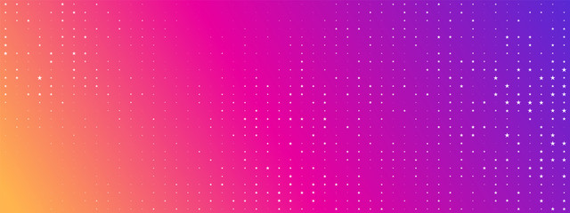 Bright multicolor gradient background. Little vector stars. Halftone festive summer sale banner, decoration birthday party poster, social media frame. Abstract smooth blurred gradient rainbow colors