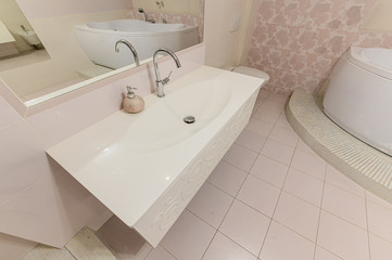 Naklejka na ściany i meble Russia, Moscow- October 17, 2019: interior room apartment modern bright cozy atmosphere. general cleaning, home decoration, bathroom, sink, decoration elements, toilet
