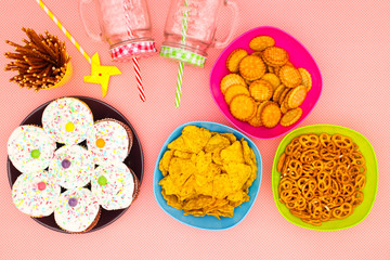 Birthday party decoration and food on the table 