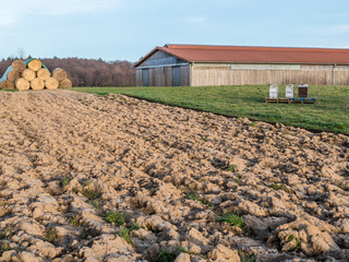 Strohballen vor landwirtschaftlicher Lagerhalle