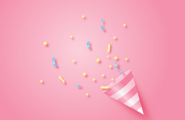 Birthday party. Exploding pink popper cone with confetti. Event celebration concept.