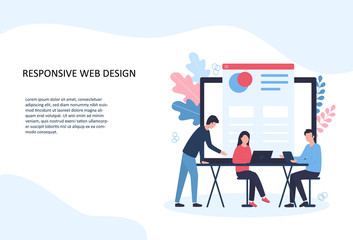 Vector illustration of responsive web design. A team of programmers develops a site, checks adaptation for desktop and mobile devices, conducts cross-browser testing. Template for website landing page