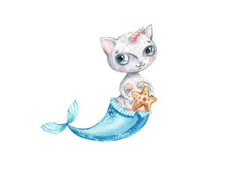 Fun nursery magic cat unicorn and mermaid animal isolated illustration. Watercolor Cute baby girl watercolour cartoon charters. watercolour image. Perfect for nursery posters, patterns Birthday invite