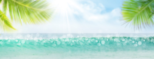 Fototapeta na wymiar Summer tropical sea with waves, palm leaves and blue sky