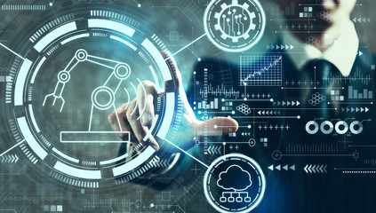 Smart industry concept with businessman on a dark vintage background