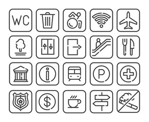 Public navigation black line icons set .Pictograms for web page, mobile app, promo. UI UX GUI design elements. Editable stroke.
