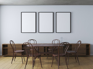 Mock up poster frame in Scandinavian style interior.  3D illustration. 3D render