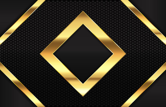 Luxury background with Glossy Gold rhombus shape and hexagonal surface pattern. Elegant shiny gold metal on black background. Graphic design template for invitation, cover, wallpaper