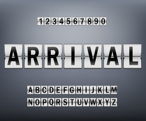 Alphabet on scoreboard. Set of black letters of mechanical timetabl