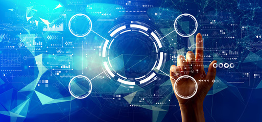 Tech circle with hand pressing a button on a technology screen