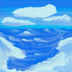 Fototapeta na wymiar landscape picturesque blue sea with waves and clouds painted with oil paint