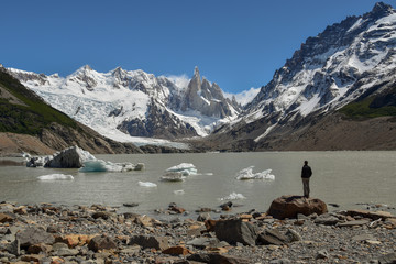 Hiker at Laguna Torre with Cerro Torre, Patagonia