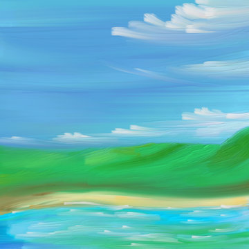 landscape picturesque beach sandy river bank with waves with clouds and a valley painted with oil paint