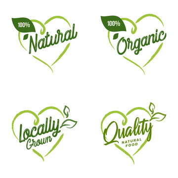 Set of Heart Eco Logos, emblem, symbol. Organic packaging sticker. Nature logo concept. Ecology emblem design pack.