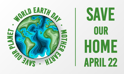 Earth Day papercut concept. Vector Illustration in paper art origami style. Eco friendly brochure concept. Background for world environment day. Save the earth and mother nature. Green day.