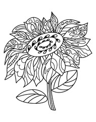 Black and white coloring page for kids or adults, which contain hand drawn image for coloring. Black and white sunflower with pattern on petals.
