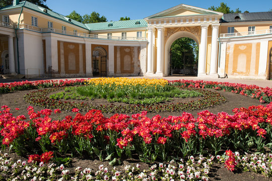 Beautiful flowers flowerbed on a yard of Arkhangelskoe museum