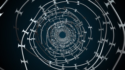 3d rendering spinning barbed wire spiral. Computer generated background with barbed wire.