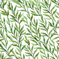 Watercolor green grass diagonally pattern on a white background. Leaves on branches. Seamless digital paper for packaging, scrub, wrapper