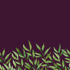 Watercolor green grass border on eggplant color.. Leaves on branches. Seamless digital paper for packaging, scrub, wrapper