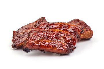 Roasted pork spare ribs in bbq sauce, spicy food, isolated on white background