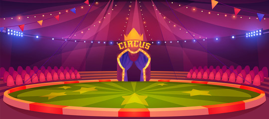 Circus arena, round stage for performance, carnival show. Vector cartoon empty interior inside of cirque tent with scene, seats, flags and searchlights © klyaksun