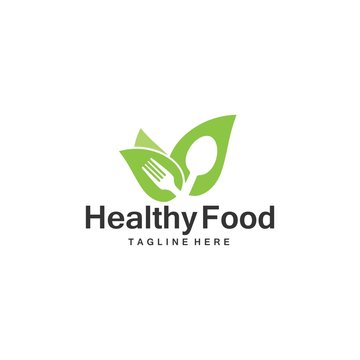 Healthy Food Logo Template, Green Vegetables with Spoon & Fork Logo.