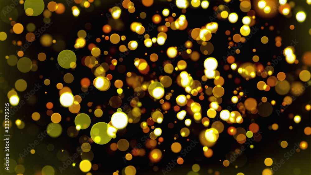 Poster christmas background with glittering gold circles bokeh, computer generated. 3d rendering