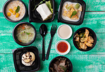 delicious and healthy proper nutrition menu in eco boxes, top view