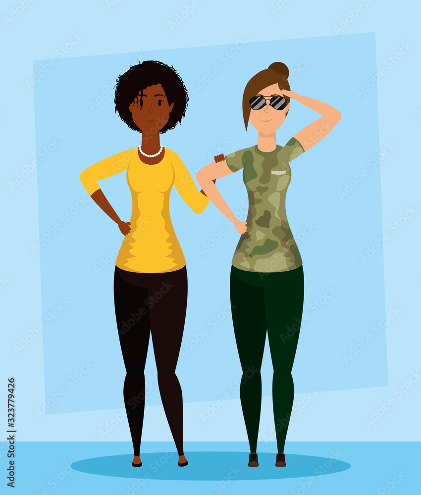 Wall mural young woman with military clothes and afro girl