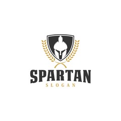 Spartan helmet logo design template in the shield, vector icon Illustration