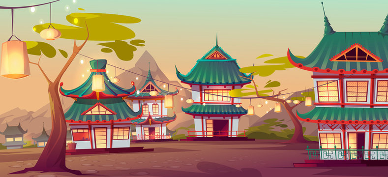 Chinese village street with old traditional typical houses and garland with lanterns hang on green trees. Ancient asian area surrounded with picturesque mountains landscape Cartoon vector illustration