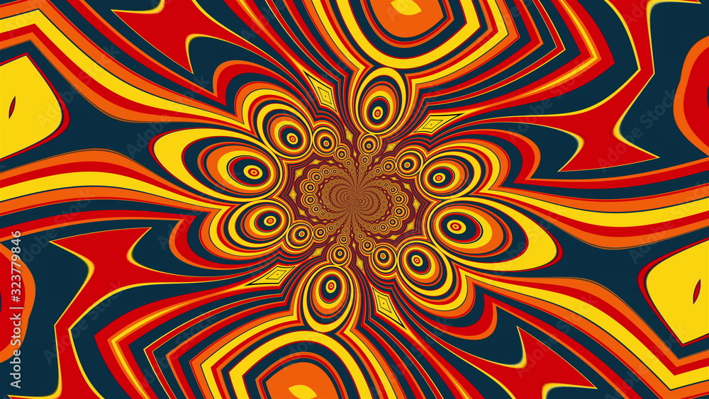 Poster swirling mandala with a colored striped elements forming the petals and circles. 3d rendering of a c
