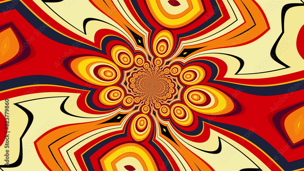 Poster swirling mandala with a colored striped elements forming the petals and circles. 3d rendering of a c