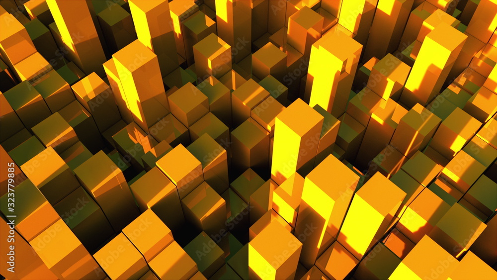 Poster 3d rendering background of many gold rectangles located at different levels. computer generated abst