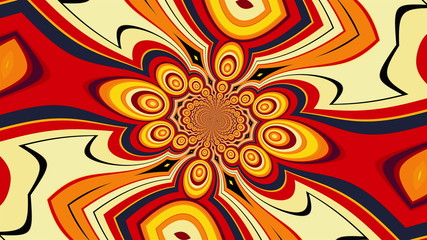 Swirling mandala with a colored striped elements forming the petals and circles. 3D rendering of a computer generated hypnotic background