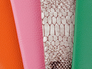 Bright multicolored natural leather textures samples