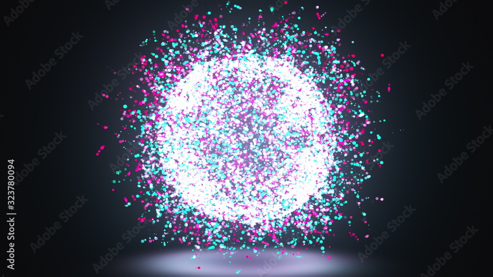 Poster 3d rendering, computer generated abstract sphere or ball of golden shimmering particles on a black b