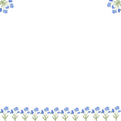 Background of watercolor blue flowers on a white background. use for menus, weddings, invitations and birthdays