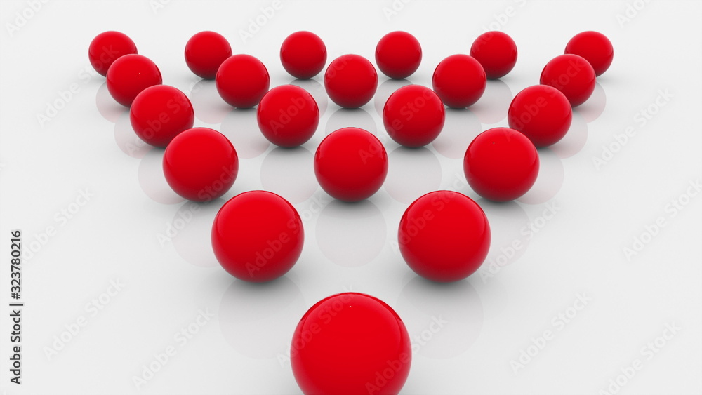 Poster composition of fifteen red balls lined with a triangle on a flat surface, computer generated. 3d ren