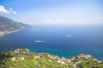 Fototapeta na wymiar Panoramic view to the Amalfi coast from the Villa Cimbrone, Italy