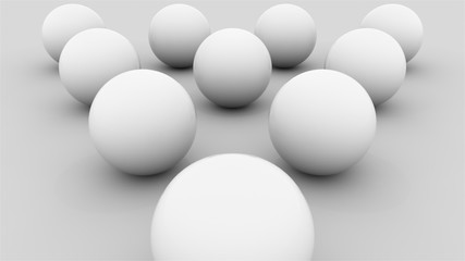 Composition of ten white balls lined with a triangle on a flat surface, computer generated. 3d rendering isometric background