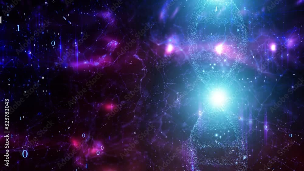 Poster beautiful colourful universe background with shiny dna chain rotation animation.
